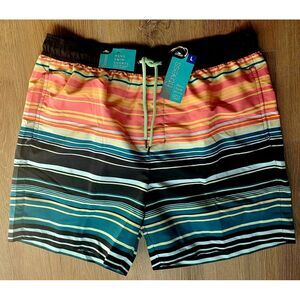 Crane Fitness Men's Swim Shorts Striped LG Item 820578 NWT Teal/Black/Coral